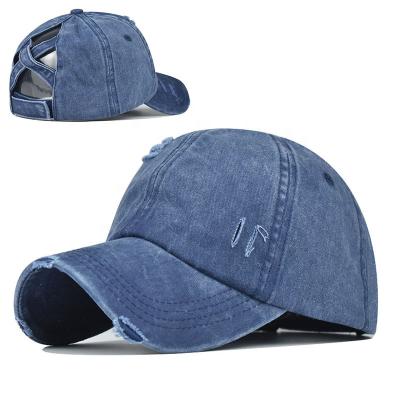 China Classic Hot Selling Dobby Women Washed Plain With Crossover Ponytail Baseball Caps And Hats for sale