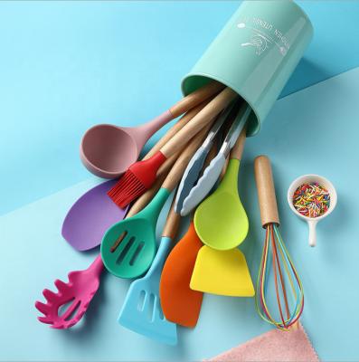 China Viable Wholesale 12pcs Silicone Kitchen Utensils With Wooden Handle Silicone Pink Kitchen Utensils Cheap for sale