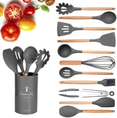 China Sustainable Silicon Spatula Set Wooden Handle 12pcs Silicone Kitchen Spatula Set With Stand, Silicone Spatula And Brush Set for sale