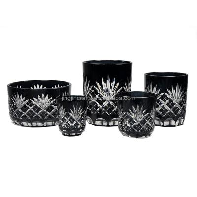 China ECO-frendly Unique Glass Candle Jar Candle Holder Hand Carved Painted Black Luxury Candle Container Wholesale for sale