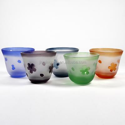 China / Japanese Style Shot Glass Sake Glass Tea Cup Hand Carved Sandblasted Flower Pattern for sale