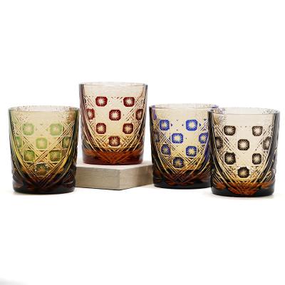 China Restaurant 8oz Edo Kiriko Glass Cup Hand Carved Japanese Colored Covered Glass Cup for Vodka Whiskey for sale