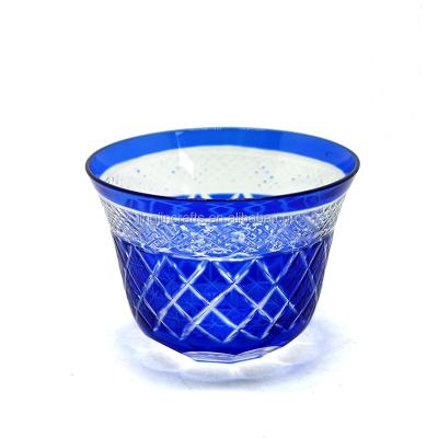 China Traditional Encased Blue Glass Tea Bowl Cup For Clear Drinking Shot Glass Tea Cup for sale