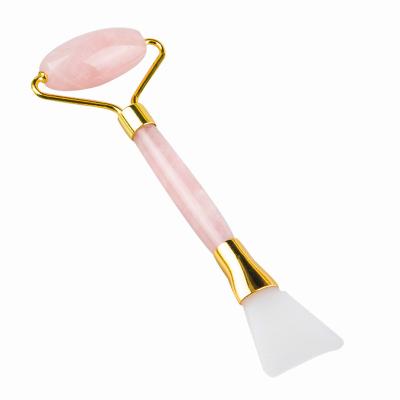 China Natural Rose Jade Skin Care Roller Rose Quartz Double Head Face Lift True With Silicone Mask Brush For Gift Handcrafted Premium for sale