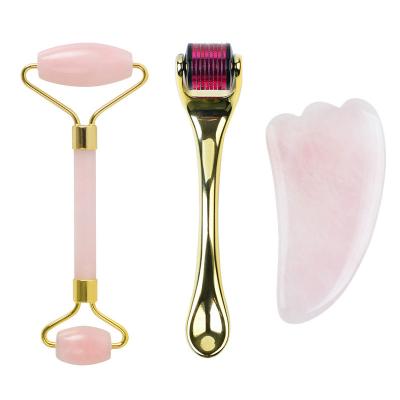 China 3 in 1 Facial Roller Natural Jade Roller Gua Sha Face Lift Tool Kit Rose Quartz Anti Aging Eye Blister Derma Kit for sale