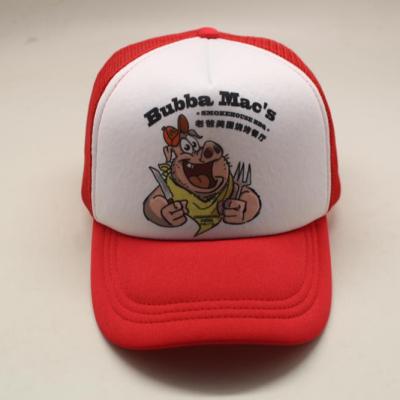 China Promotional Wholesale Cartoon Character Logo Kids Mesh Cap Trucker Hat Red Hat 5 Panels Hat for sale