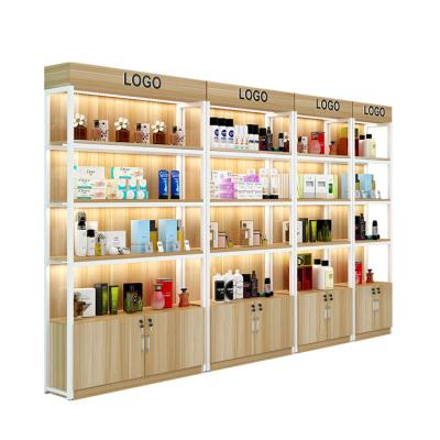 China Double Sided Cosmetics Shop Steel-Wood Structure 5 Story With Wooden Cabinets Free Combination Display Stands for sale