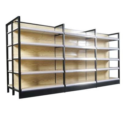 China Steel-wood double-sided structure supermarket shelf grocery display rack double-sided customization for sale