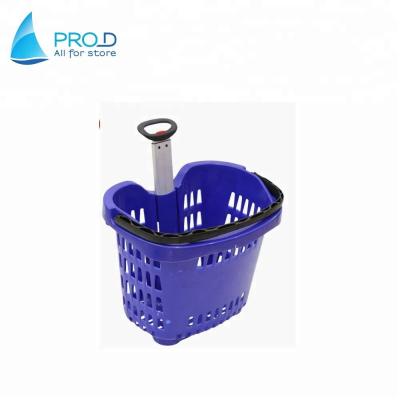 China Eco - Friendly Material Supermarket Shopping Basket Pull Rod With Plastic Wheels Shopping Cart for sale