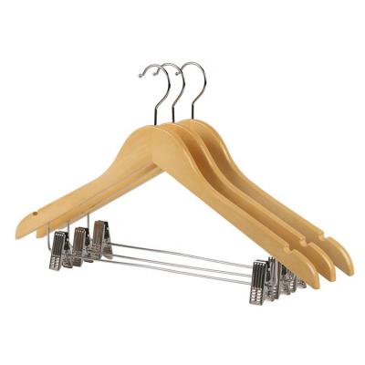 China Factory Direct Hotel Anti-Slip Hotel Hanger Solid Wood Trouser Clips Wooden Hanger with Clip One-Piece Suit Hanger for sale