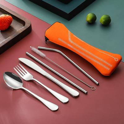 China Viable Wholesale Outdoor Cutlery With Straws Portable Camping Cutlery Set Customize Neoprene Pouch for sale