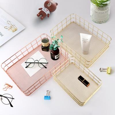 China Desk Organizer Rose Gold Metal Wire Storage Sundries Makeup Brushes Holder Table Cosmetics Iron Basket Nordic Viable Basket Desk for sale