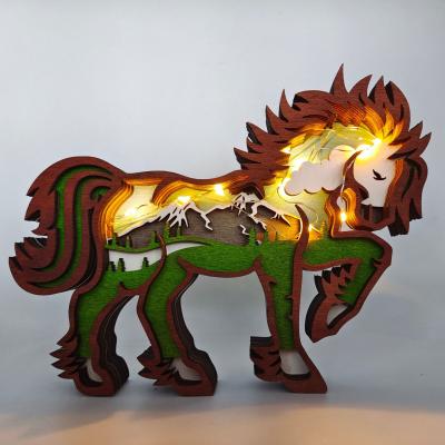 China USA 3D Wooden Animal Home Decoration Carving Horse Totem Wood Crafts Night Light Ornament for sale