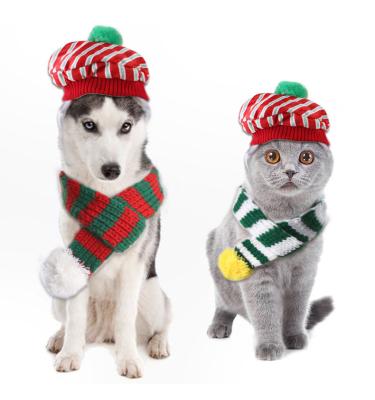 China Creative Stocked Christmas Dog Cat Pet Scarf Plaid Hat Knitted Scarf Set for sale