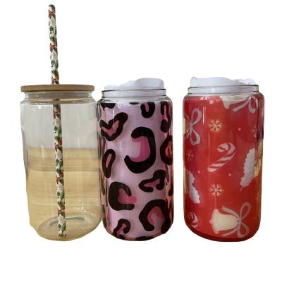 China Clear 12oz 16oz Sublimation Glass Tumbler Cup Beer Can Shaped Glass With Bamboo Lid And Straw for sale