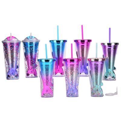 China Plastic Stocked Mermaid Straw Cup Fashion Shine Color TV Cross Juice Drinks Tumbler Fishtail Cup for sale