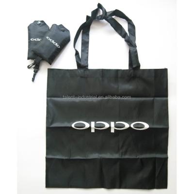 China Customized Black Customer Handled Tote Bags With White Logo Printed, Polyester Foldable Bag, Custom Folding Shopping Tote Bag for sale