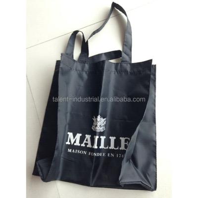 China Customized Black Polyester Handled Nylon Tote Bag With Gold Hot Stamping Logo for sale