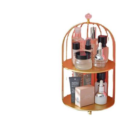 China Nordic Europe style iron birdcage shelf lipstick cosmetics storage shelf tabletop perfume shelf skin care products for sale