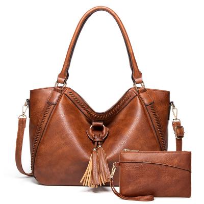 China New Stylish Waterproof Manufacturer PU Women Handbags Office Lady Tote Bags Set Tassel Decoration With Purse for sale