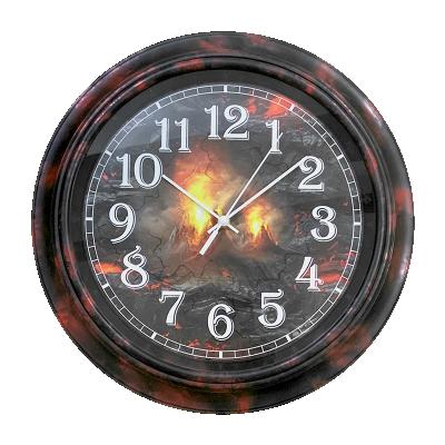 China Class Modern HOME Decor Volcano Eruption Patterned Design Battery Operated Silent Numeral Plastic Wall Clock For Kitchen Office Orologio Muro for sale