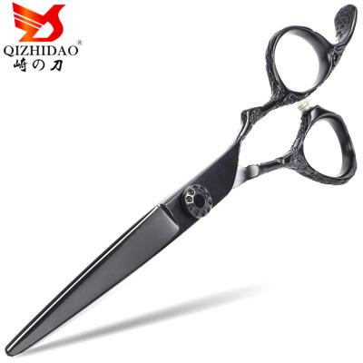 China Straight Hair Scissors Black Handle Barber Professional Hairdressing Cool Coated Engraving Scissors for sale