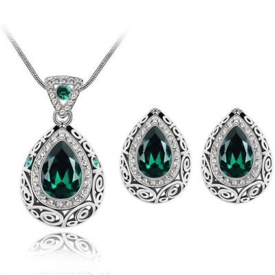 China TRENDY Vintage Hollow Crystal Rhinestone Water Drop Pendant Necklace Circle Earring Jewelry Set for sale