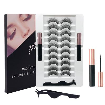 China Long Ten Pairs Natural Thick Eyeliner False Eyelashes Magnetic Iron Glueless Natural Magnetic Liquid Eyelashes Set for sale