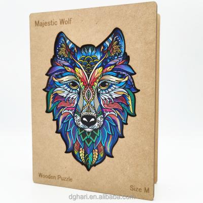 China Europe wolf wooden puzzle model wholesale wooden special shaped animal cutting and engraving lion and owl wooden panel puzzle postman for sale