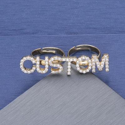 China Anti-allergic 9mm Full Diamond Zircon Double Ring Custom Initial Adjustable Name Ring for sale