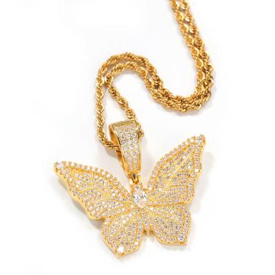 China Hiphop Anti-allergic Gold Butterfly Iced Out Necklace Copper Zircon Butterfly Pendant Necklace For Women for sale