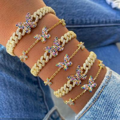 China European and American 18K gold Anti-allergic butterfly rainbow zircon color anklet chain for sale