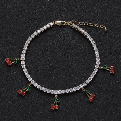 China 4mm Iced Out Tennis Chain Anklet Cherry Charm Anti-allergic Crystal Anklet Women Gift for sale