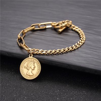 China Trendy Fashion Women Jewelry Elizabeth Coin Charm Bracelet Stainless Steel Jewelry Bangle For Gift for sale