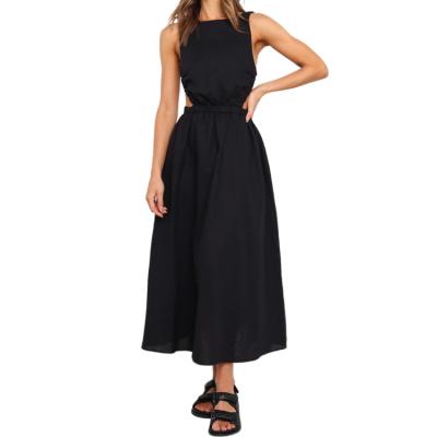 China SOFTLY 2022 Summer Women's Elegant Dresses Polyester / Cotton Sleeveless Black Long Dress for sale