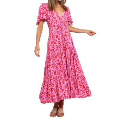 China New Arrival Factory Wholesale Summer MOLLE Hot Pink Dress Short Sleeve Women Floral Print Viscous Dresses for sale