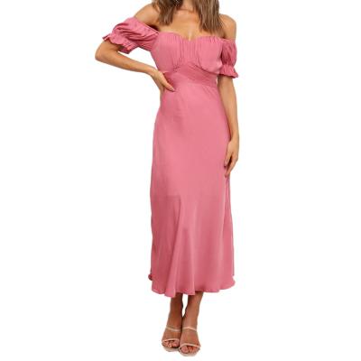 China SOFTLY 2022 New Arrivals Trending Hot Women Dress Casual Short Sleeve Pink Puff Long Dresses for sale