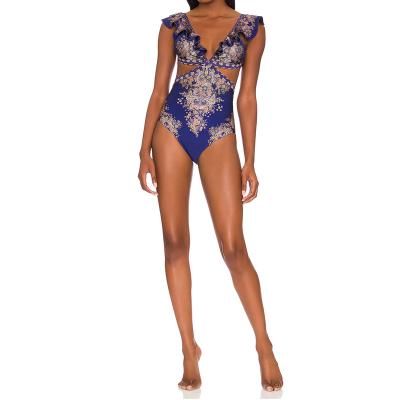 China Other 2022 New Custom Logo V-neck One-piece Women's Floral Printing Swimwear Competitive Swimwear for sale