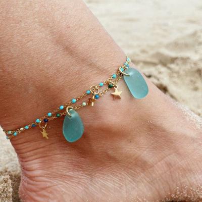 China Gold Silver Sterling Silver Adjustable Ankle Chain Beach Ankle Chain Romantic Sea Glass Jewelry Sea Glass Anklet for sale