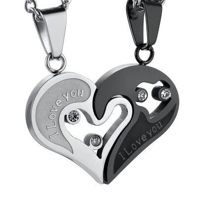 China Black And White Environmentally Friendly Stainless Steel Jewelry Necklace Set Design For Couples Lovers Heart CZ Puzzle Matching for sale