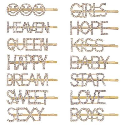 China Fashion OL Style 14 Pieces Rhinestone Letter Bobby Pin Gold Metal Letter Hair Cuts Handmade Bling Rhinestones Hair Jewelry for sale