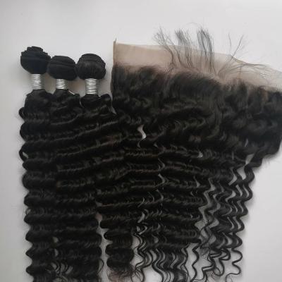 China Brazilian Deep Wave Hair Extensions Virgin Sunlight Water Wave Human Hair Bundles With Frontal Hair Bundles With Lace Frontal Closure for sale