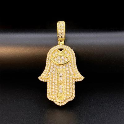 China Wholesale 18K Gold Plated Hiphop Jewelry Zircon Hip Hop Jewelry Full Paved Hamsa Hand Pendants For Necklace Making for sale