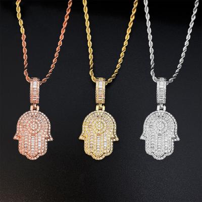 China Factory Custom Hiphop 18K Gold Plated Full Cubic Zirconia Mens Hip Hop Jewelry Pave Hamsa Hand Pendants For Necklace Making for sale