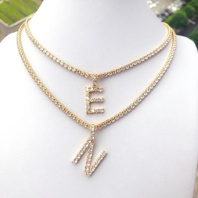 China Initial Hiphop Necklace Glitter 18K Gold Plated CZ Letter Alphabet Zircon Tennis Necklace Chain Hip Hop Jewelry for sale