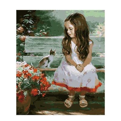 China Beautiful Girl Hand Painted Decorative Home Impressionist Cat Garden Painting By Number Canvas for sale