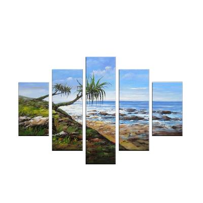 China Pure Hand Painted Wall Hanging Glass Painting 5 Panel Coconut Tree Acrylic Landscape Paintings On Canvas for sale