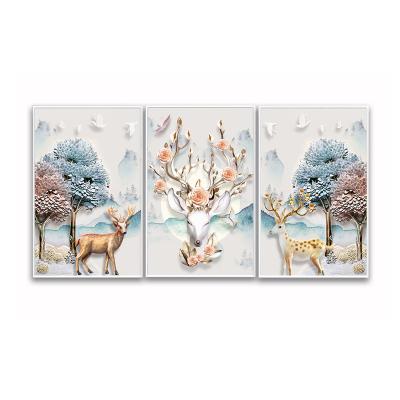 China 3 Panel Modern Abstract Deer Wall Art Canvas Decorative Printed Painting With White Frame for sale