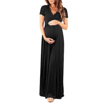 China Amazon eBay New Breathable Sexy V-Neck Short Sleeve Pleated Loose Waist Pregnant Women Elegant Long Dress for sale