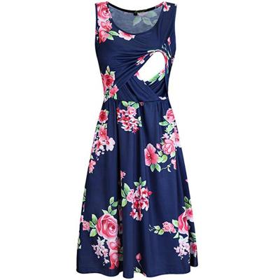 China AliExpress Amazon Print Pregnant Women Sleeveless Floral Nursing Maternity Nursing Dress New Breathable Hot Sexy O-Neck Collar for sale